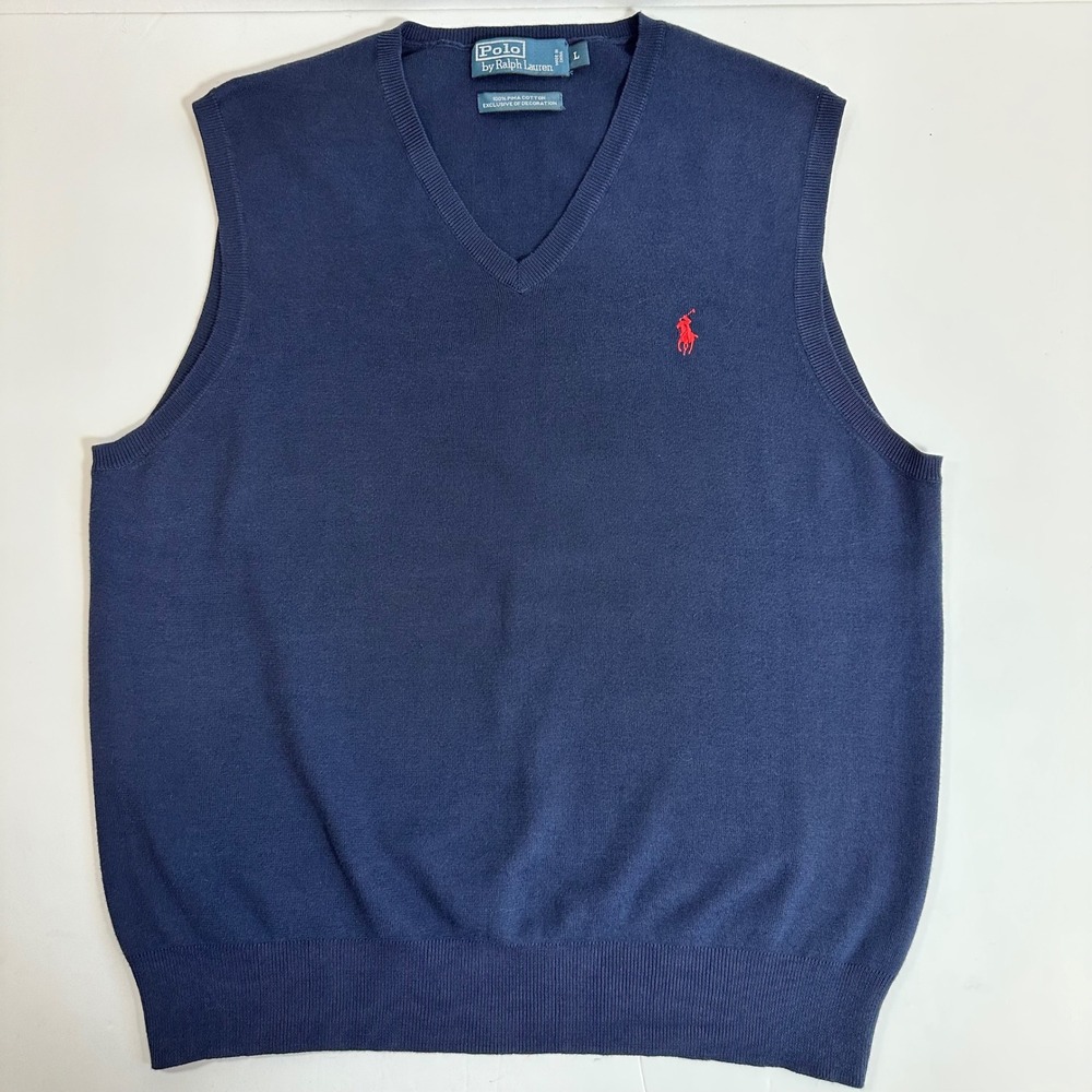 Polo Ralph Lauren Sweater Vest Navy‎ Blue V-Neck Size L Preppy Heritage Casual